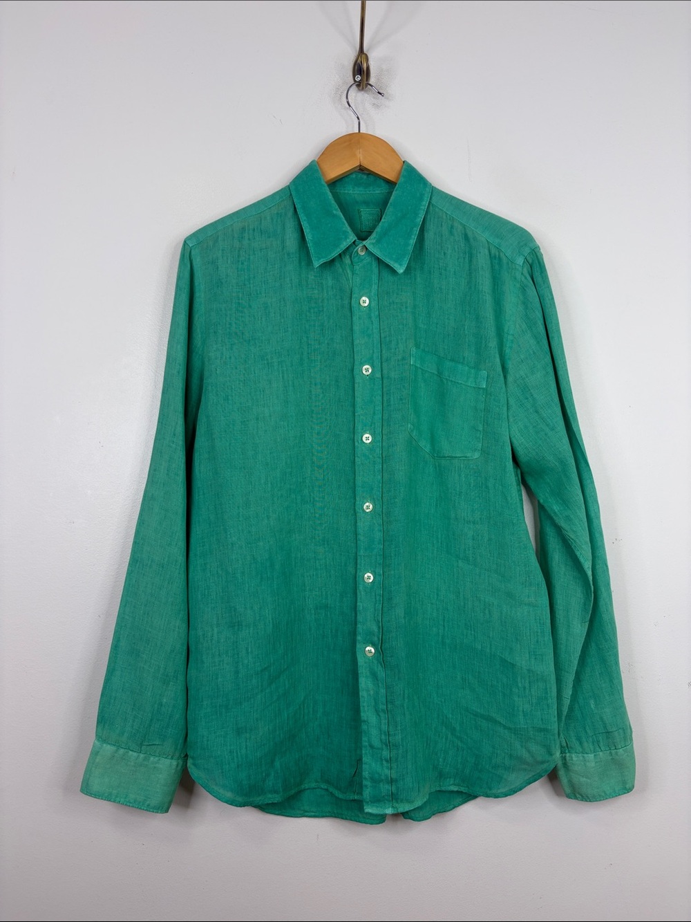 120% Lino Shirt Mens Large Green Linen Long Sleeve Button Up Collared Vacation
